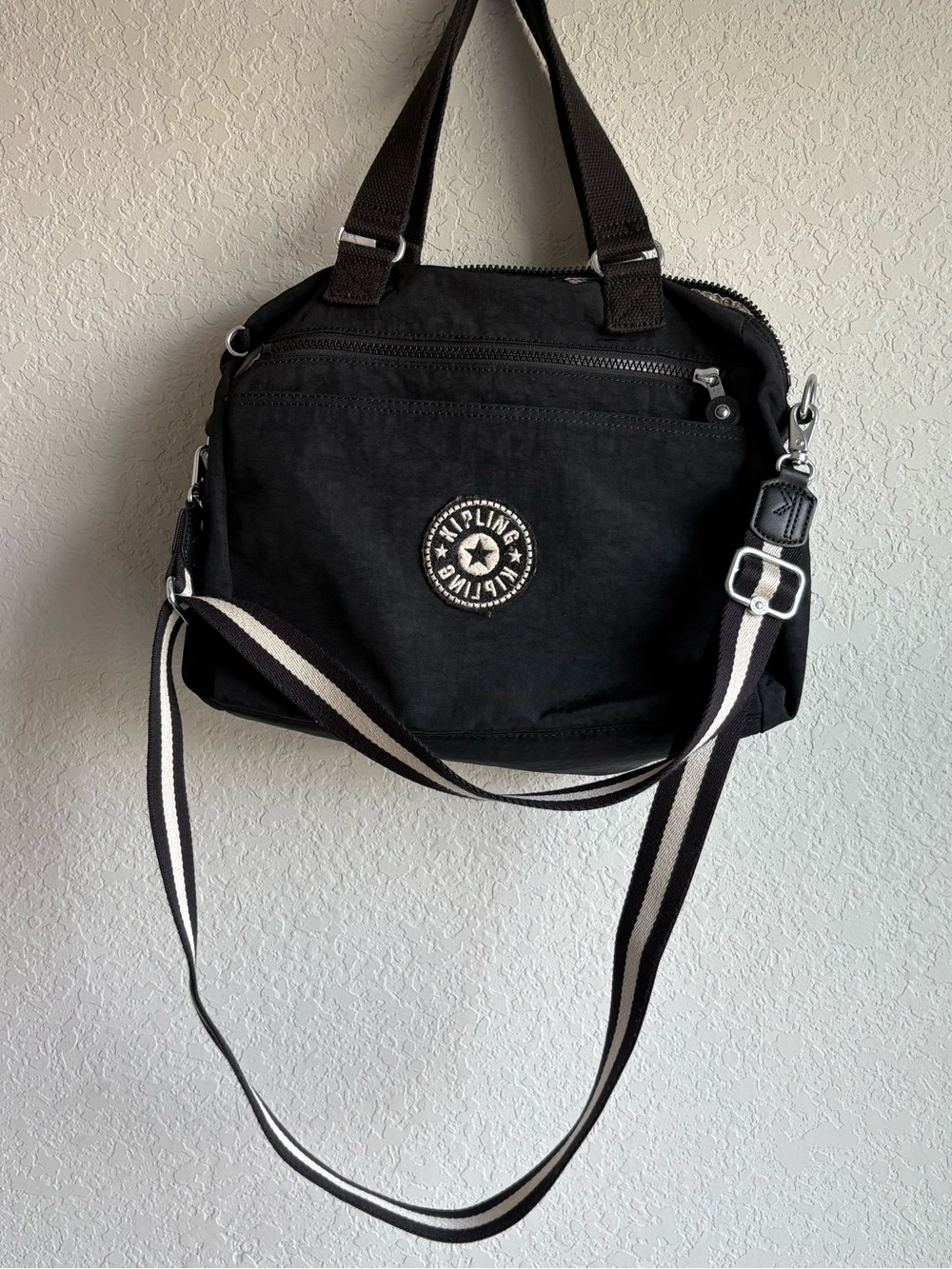 Kipling Black Nylon Satchel Crossbody Bag Adjustable Stripe Strap